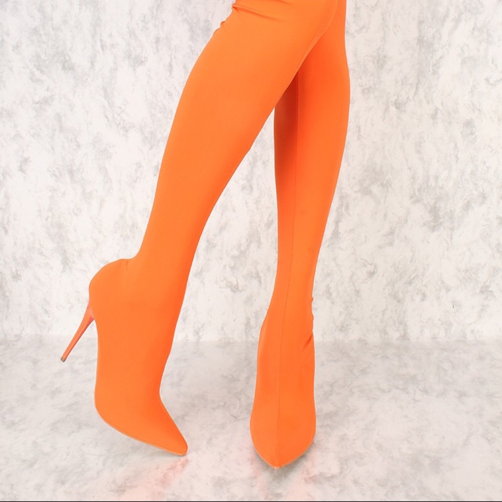 Orange Lycra thigh high boots!